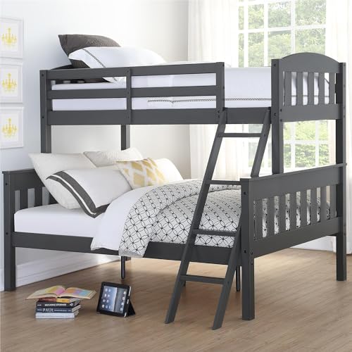 DHP Airlie Convertible Wood Bunk Bed Twin Over Full Size, Stackable and Detachable Bed Frames for Kids, Teens, Angled Ladder, High Guardrail, Wood Slats, No Boxspring Required, Grey DHP
