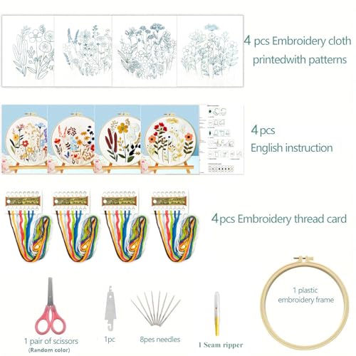 Zhenqing Floral Embroidery Kit - 4 Piece 29x29cm Round Hoop Art Set with Pre-Printed Cotton Fabric, Embroidery Hoop, Threads & Tools for Beginners (C0010)