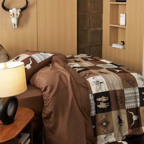 Wake In Cloud - Western Comforter Set, Southwestern Aztec Country Horse Cowboy Rustic Ranch Pattern Printed, Soft Lightweight Bedding, 3 Pieces, Tan Brown, Twin/Twin XL Size Wake In Cloud