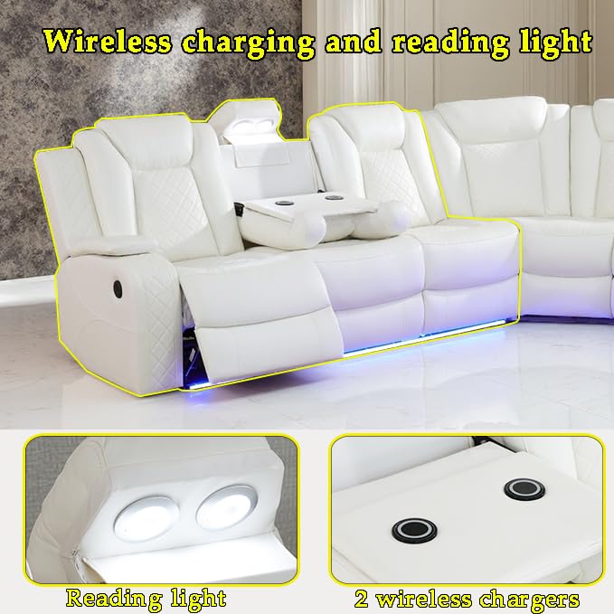 A Ainehome Power Recliner Sectional Sofa Couch with 2 Recliner, Living Room Furniture Sets, Leather Power Reclining Sectional Sofa Set with LED, Leather Couches with USB Port&Storage for Living Room A Ainehome