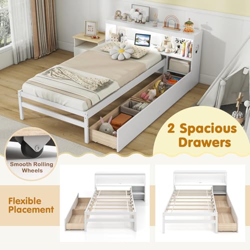 Giantex Wood Twin Bed Frame with Storage Drawer & Headboard, Modern Platform Bed with Charging Station & LED Light, Built-in Nightstand, Single Bed with Slats Support, Twin Bed Frames for Kids (White) Giantex