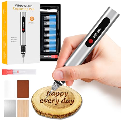Updated Engraving Pen, 5-Speed Adjustable Cordless Portable Engraver Pen Tool for Artists & DIYers, Beginner Friendly, Rechargeable, Engrave 60+ Surfaces, Free 33 Bits & Mastery Guide(Silver) vueowcue