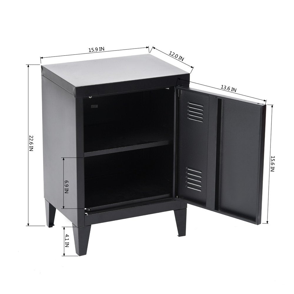 FurnitureR Industrial Metal Storage Cabinet Nightstand End Table Bedside Coffee Table,1 Door with Removable Shelf,Size:15.9'' x 12'' x 22.6'' (Black) FurnitureR