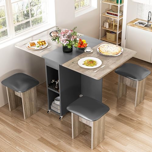 Lamerge Folding Dining Table Set for 4, Dinner Table with 4 Leather Chairs and Shelves, Space Saving Foldable Dining Table with 6 Wheels, Kitchen Table Set for Small Spaces (Grey) Lamerge