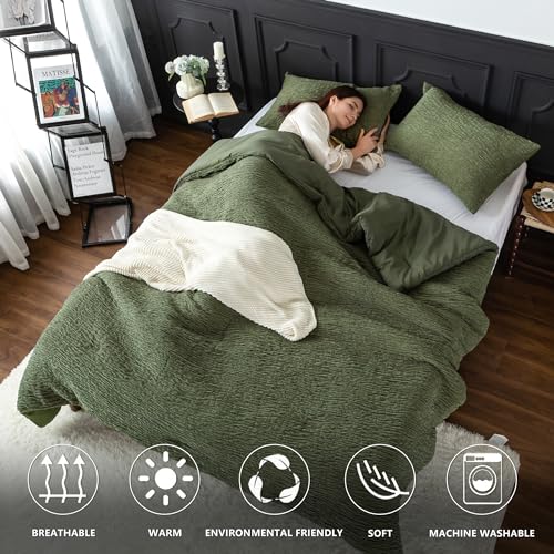 COTTEBED Reversible Chenille Cotton Queen Size Comforter Set, Luxury Textured Stripe Soft Modern Bedding 3 Piece Down Comforter and Sham Set, Lightweight All Season(Dark Olive Green,Full/Queen) COTTEBED