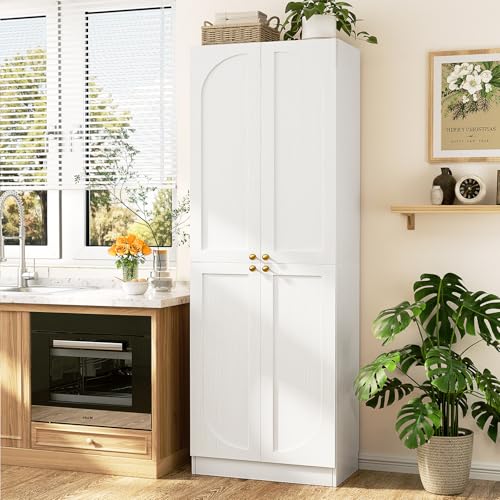Cyclysio 80" Extra Tall Kitchen Pantry, Arched Storage Cabinet with 4 Doors and Adjustable Shelves, Freestanding Wood Cupboard with Seamless Fit Wall for Living Dining Room Bathroom Cyclysio