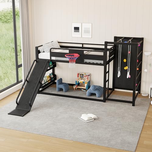 LUMISOL Twin Size Loft Bed with Slide, Basketball Hoop,Pull-up Rings and Climbing Wall, Heavy-Duty Metal Bunk Bed with Jungle Gym, Bookshelves for Kids, Boys, Girls, Black LUMISOL