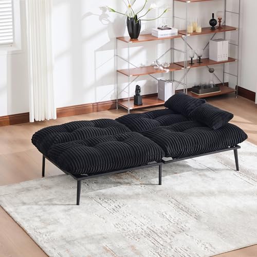 Tocsuna Corduroy Convertible Futon Sofa Bed – Folding Iron Frame Sleeper Couch with Adjustable Backrest, Loveseat Recliner for Living Room, Apartment,(Black) Tocsuna