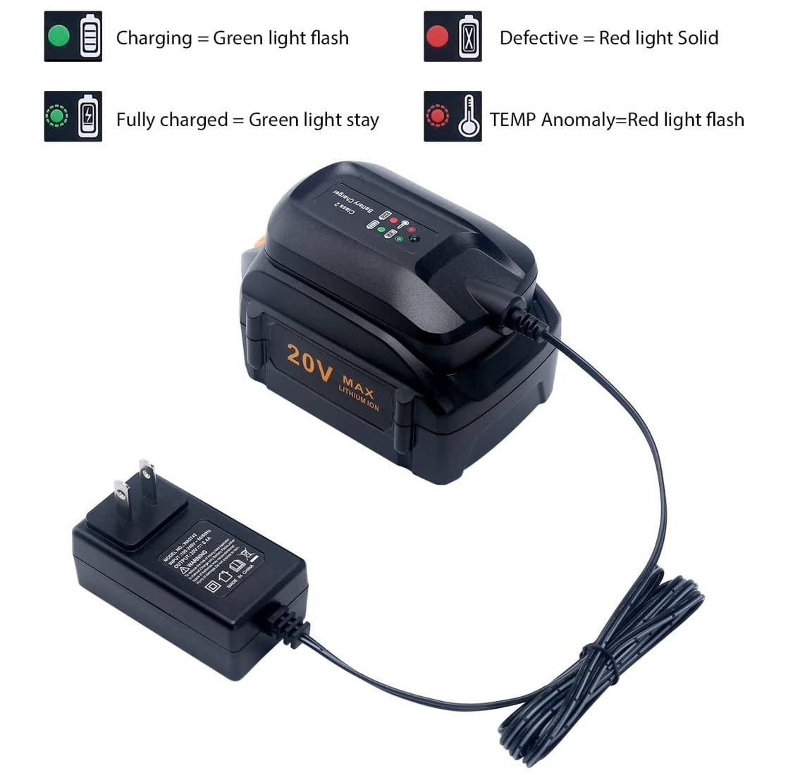 WA3742 Battery Charger for Worx 20V MAX Lithium PowerShare Battery WA3520 WA3525 WA3578 WA3732 WA3875 WA3881 WA3512.1 Gonocop