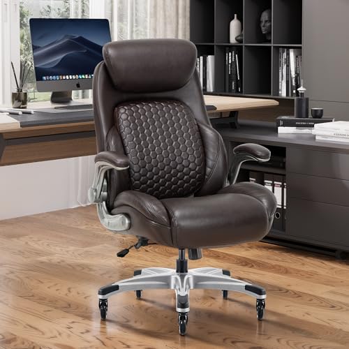 COLAMY Office Ergonomic Desk High Back Executive Chair with Pop-Out Lumbar Support, Upgraded Casters, Adjustable Headrest, Flip-Up Arms, Leather Home with Thick Cushion for Comfort - Brown COLAMY