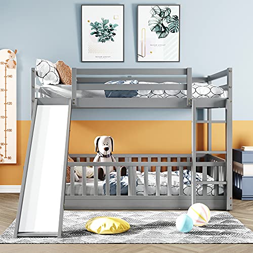 Bellemave Twin Over Twin Floor Bunk Bed with Slide and Ladder, Low Bunk Bed for Kids, Girls, Boys, Removable Fence, Gray Bellemave
