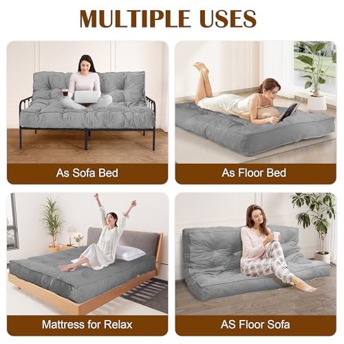 Futon Mattress Full Size 54" x 80", 8" Thick Floor Mattress for Adults, Foldable Sofa Couch Bed with Shredded Foam Filling, Comfy Sleeping Mat for Guest, Camping, Dorm, Light Gray(Frame Not Included) Bliss Homey