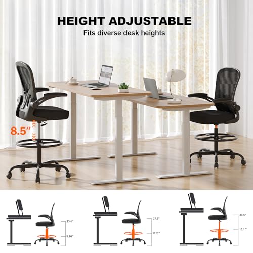 Ergonomic Drafting Chair, Tall Office Chair with Flip-up Armrests, Breathable Mesh High Desk Chair with Lumbar Support Adjustable Footrest Ring for Standing Desk Black Synorla