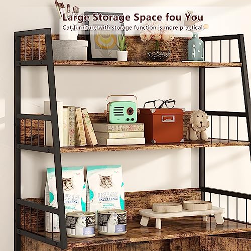 DKLGG Cat Litter Box Enclosure with 3 Shelve, Large Wood Cat Litter Box Furniture with Hook and Scratch, Hidden Wood Sturdy Cat Washroom, Fit Most of Litter Box DKLGG