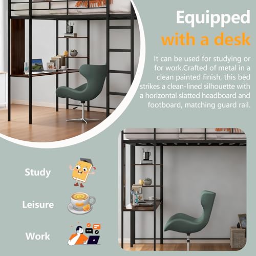 Bellemave Full Size Loft Bed with Desk and 2 Shelves, Metal Loft Bed Frame with 2 Ladders and Guardrails for Kids Teens (Black/Full) Bellemave