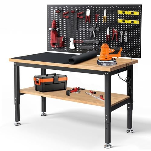 ENJOYWOOD Work Table for Garage 60 x 22 Inch Adjustable Height Workbench Heavy Duty Rubberwood Tabletop Work Bench with Power Outlets Pegboard Pad for Woodworking Shop, Home, Office ENJOYWOOD