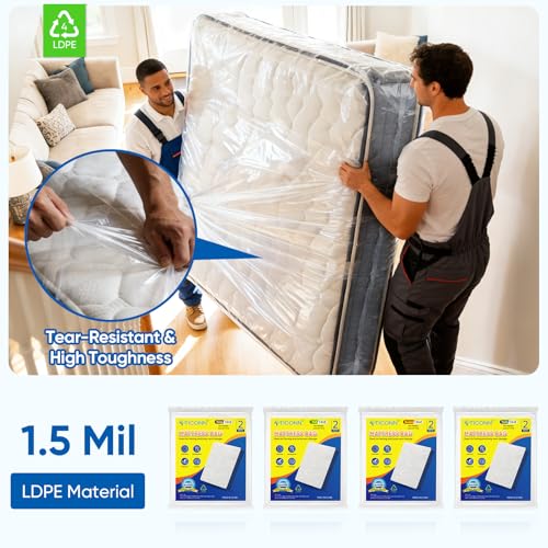 TICONN 2PK Plastic Mattress Bag for Moving Storage, Waterproof Mattress Protector Cover, Heavy-Duty Mattress Moving Supplies (1.5 mil, Full) TICONN