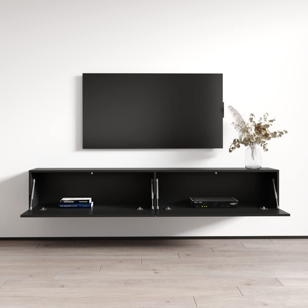Meble Furniture Berno TV Stand - Wall-Mounted Entertainment Center Console for Bedroom & Living Room - Modern TV Floating Entertainment Center with Storage & Bookcase TV Stand Upto 71" - Black MEBLE FURNITURE & RUGS