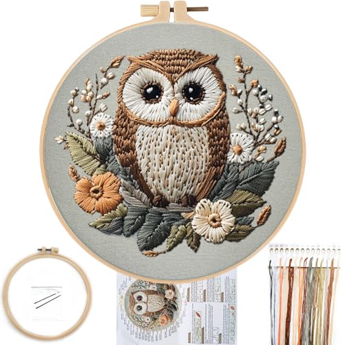 FONNUY Embroidery Kit for Beginners, Owl Flowers Pre-Stamped Pattern Kits for Adults with Hoop, Easy to Follow Color Thread Needlework, 8'' Hoop (Brown)