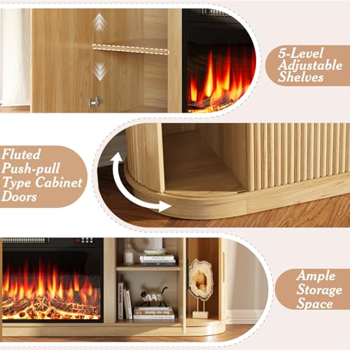 Vitesse Fluted 70 TV Stand with 23" Electric Fireplace Heater, Entertainment Center with Storage and Adjustable Shelves,Modern Media Console Table with Sliding Doors for Living Room, Bedroom (Wood VITESSE