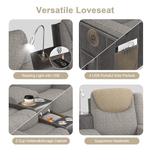 Dresegmt Home Theater Seating, Manual Recliner Sectional Sofa for Living Room, 5 Seater Reclining Sectional Couch with Flip-Up Backrest, Storage Console, USB Ports, Grey Linen & Chocolate Leather
