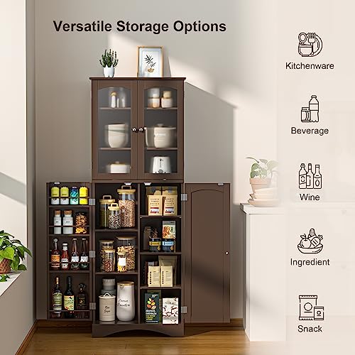 Gizoon 64" Kitchen Pantry Cabinet, Tall Storage Cabinet with Glass Doors and Adjustable Shelves, Freestanding Floor Cabinet Cupboard for Kitchen, Living Room, Dining Room (Dark Brown) Gizoon