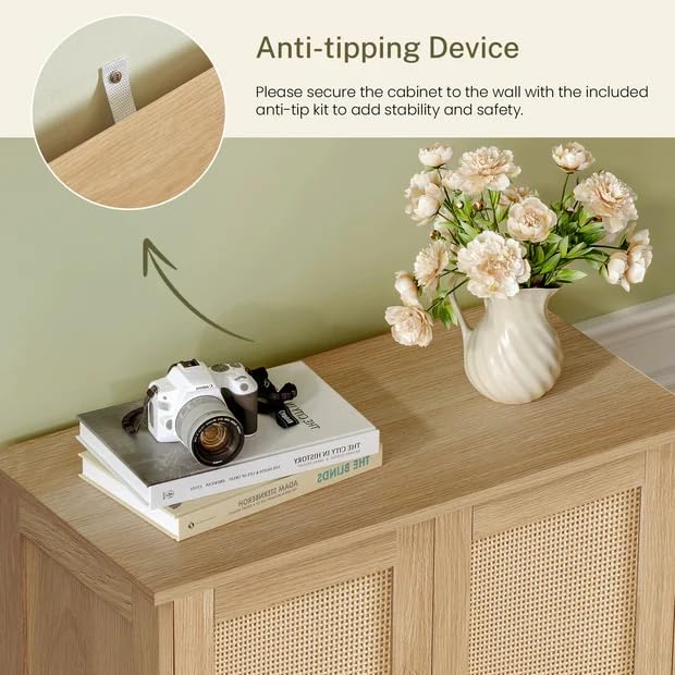 Iwell Storage Cabinet, Rattan Cabinet with Adjustable Shelf, for Living Room, Entryway, Kitchen, Home Office, Nature Iwell