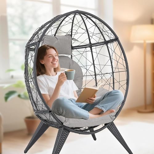 Rattan Egg Chair for Adult, Indoor Outdoor Patio Large Wicker Egg Chair with Overstuffed Cushions, Steel Frame, Boho Nest Seat for Patio, Bedroom, Lawn, Backyard VKUCI