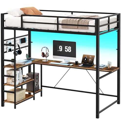 HOOBRO Twin Size Loft Bed with Ladder and Guardrail, Metal Bunk Bed with Desk, LED Lights and Charging Station for Teens, Adults, Space Saving, No Box Spring Needed, Black and Rustic Brown HOOBRO