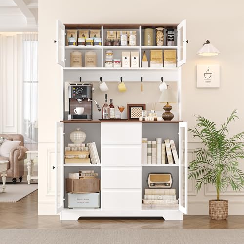 HIFIT 71" Tall Kitchen Pantry Cabinet, Kitchen Hutch Coffee Bar with 4 Drawers & 5 Metal Hooks & 4 Doors & Microwave Stand, Hutch Cabinet for Living Room, Dining Room, White Pantry HIFIT