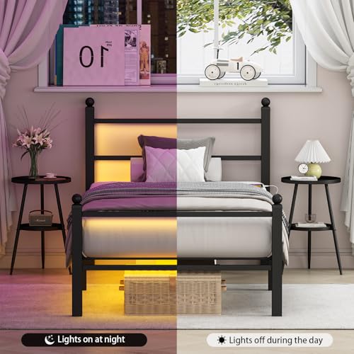 Gohapnis Twin Bed Frames with Headboard and Footboard,Black Metal Platform Bed Frame with RGB LED Lights and USB Charging Station,Under Bed Storage,No Box Spring Needed,Suitable for Bedrooms Gohapnis