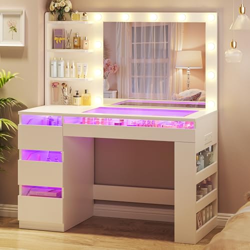 HUAHUU Vanity Desk with Lighted Mirror & Transparent Top, Makeup Vanity Desk with 4 Transparent Drawers and RGB Lighting, Built-in Power Outlet, 3-Tier Side Shelves & Storage Organizer for Bedroom HUAHUU
