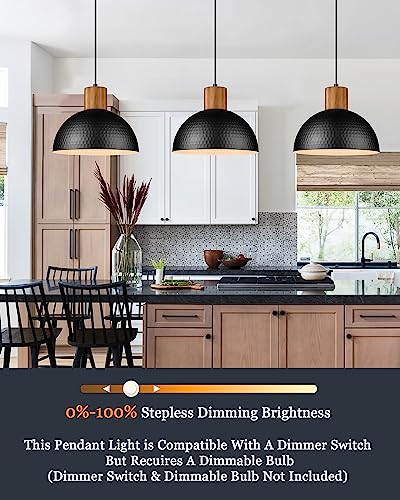 ELYONA Industrial Pendant Light, Rubber Wood Dome Hanging Lamp with 12" Hammered Metal Shade, Modern Pendant Light Fixtures for Kitchen Island, Bar, Farmhouse Dining Room, Bedroom, Hallway - Black ELYONA