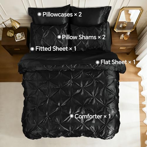 BEDELITE Satin Comforter Set Queen Size, 7 Pieces Luxury Pintuck Bed in A Bag with Comforter, Flat Sheet, Fitted Sheet, Pillowcases, Shams, Soft Cozy Similar to Silk Bed Set for All Seasons (Black) BEDELITE