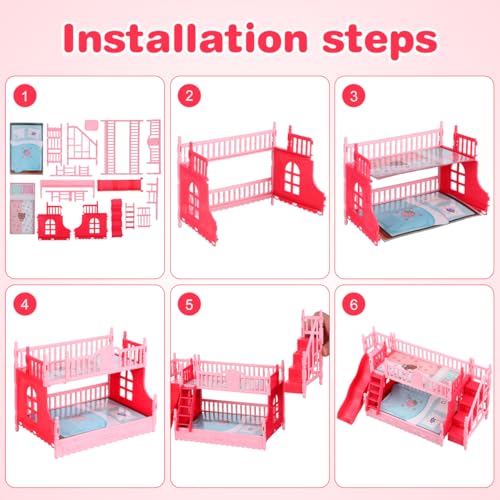 NOLITOY Miniature Bunk Bed with Slide for 6 Inch Dolls - Pink Double Deck Plastic Dollhouse Furniture Playset with Ladder & Bedding Accessories - Fits Small Dolls Figures NOLITOY