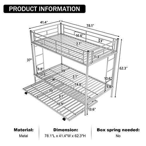 Merax Metal Bunk Bed Twin Over Twin Triple Bunk Bed with Twin Size Trundle, Grey Silver 642 Merax