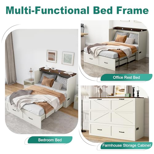 Hlivelood Full Size Murphy Chest Bed with Drawer and Charging Station, Farmhouse Wood Space-Saving Hidden Folding Beds Chest, Multifunctional Storage Cabinet Bed for Bedroom, Office, Rustic White Hlivelood