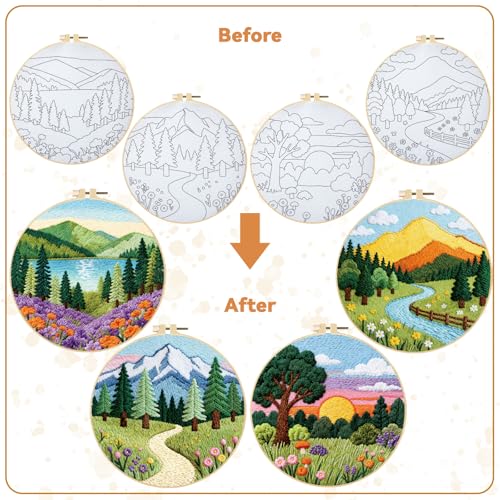 BEUNITONE 4 Set Embroidery Kit for Beginners, Beautiful Forest Scenery Patterns Cross Stitch Kits, Needlepoint Kits for Adults with Hoop, Hand Embroidery Patterns for Cloth and Home Decor