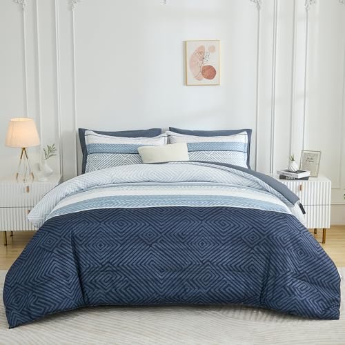Drucon Comforter Set Queen Size 7 Piece Bed in a Bag Boho Blue Striped Bedding Set Soft Microfiber Comforter and Sheet Set for All Season (Queen, 90"x90") Drucon