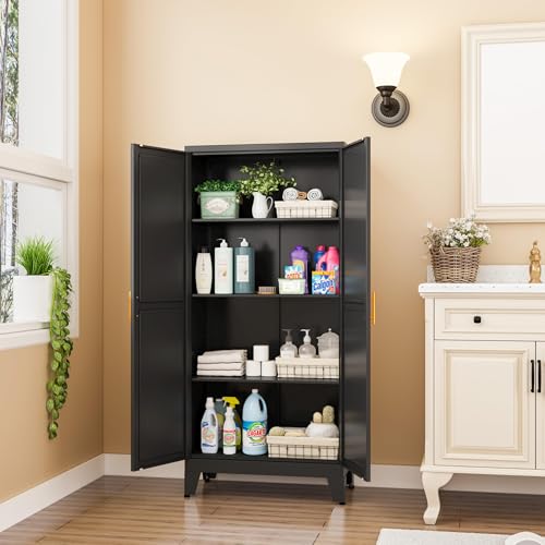 GAIOUS Metal Storage Cabinet With 2 Doors and 3 Adjustable Shelves, Black Kitchen Pantry for Food, Utility Cabinet for Laundry Room, Cupboard GAIOUS