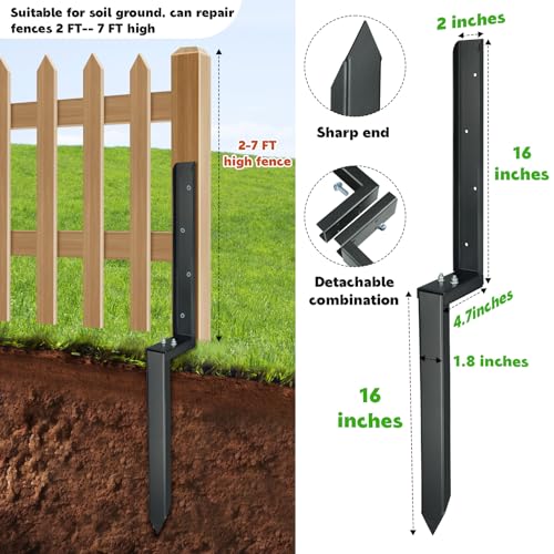 JPOIP Heavy Duty Steel Fence Post Repair Kit, 32 Inch Long Fence Post Anchor Ground Stakes for Repair Tilted/Broken Wood Fence Post (2 Sets) JPOIP