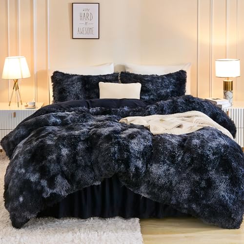 Andency Faux Fur Tie-Dyed Black Blue Comforter Set Full Size, 3 Pieces Fluffy Fuzzy Plush Bedding Comforter Set (1 Shaggy Velvet Comforter & 2 Pillowcases), Soft Puffy Down Comforter Bedding Set Andency