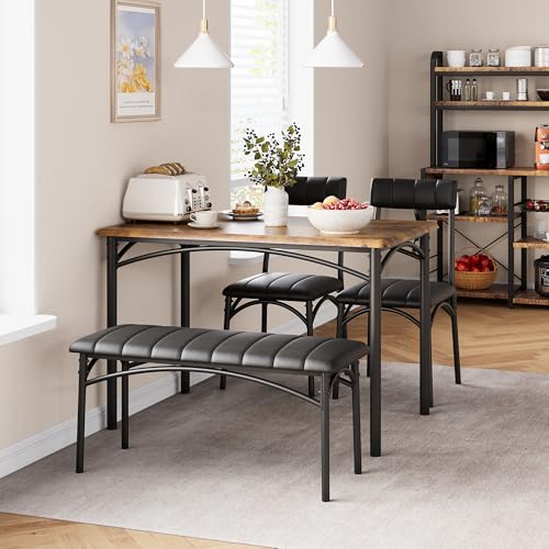 IDEALHOUSE Dining Table Set for 4, Kitchen Table with Chairs for 4, Rectangular Wood Dining Room Table Set with Upholstered Bench for Small Space, Dinner, Apartment, Retro Brown IDEALHOUSE