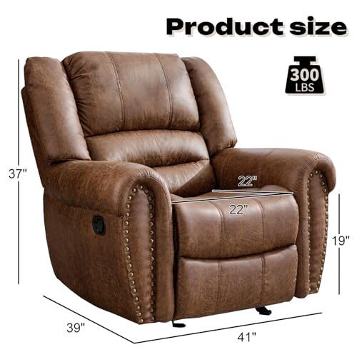 CANMOV Rocker Recliner Chair, Leather Recliner Chair with Overstuffed Backrest and Armrests, Manual Single Sofa for Living Room,Bedroom, Nut Brown