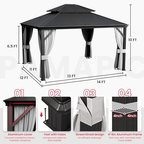 PAMAPIC 12'x14' Hardtop Gazebo, Double Roof Canopy with Netting and Curtains,2-Tier Hardtop Gazebo with Galvanized Iron Aluminum Frame, GardenTent for Backyard, Parties, Garden, Black Pamapic