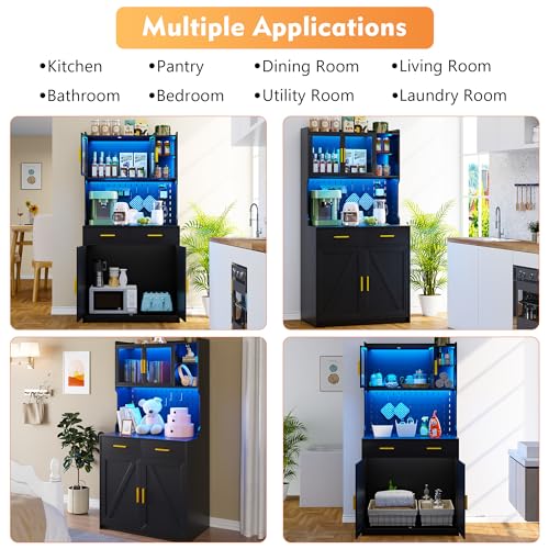 Gurexl 64" Farmhouse Kitchen Pantry with Auto Sensor LED,Storage Cabinets with 2 Outlets for Microwave & USB-C Ports,Hutch Cabinet with Pegboard,2 Cabinet,2 Drawers,1 Large Countertop Gurexl