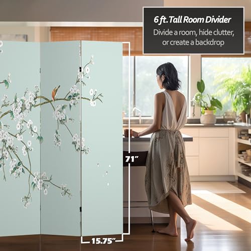Red Lantern 6 ft. Tall Double Sided Birds and Plum Blossoms Canvas Room Divider 4 Panel Freestanding Folding Privacy Screen Partition and Separator for Modern and Contemporary Bedroom Home Office Dorm Red Lantern