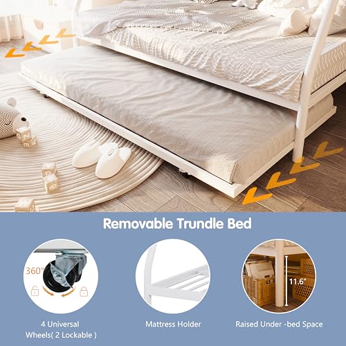 SUNLEI Metal Loft Bed with 2 Secured Ladders, Bunk Bed Twin Over Full with Trundle, Trundle Beds Twin Safety Guard, for Small Bedroom Noise Free (Twin Over Full, Snowy) SUNLEI