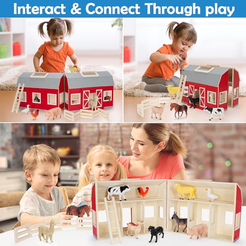 YEEBAY Farm Animals Toys for 3+ Year Old Kids Toddlers Girls Boys, Large Wooden Barn with Animal Play Figures, Farm Playset Educational Learning Toys, Ideal Christmas Birthday Gifts YEEBAY