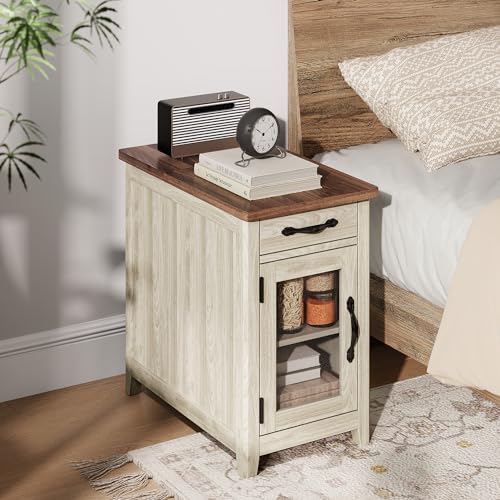 LINSY HOME Farmhouse End Table with Charging Station, Narrow Side Table for Living Room, Sofa Side Table with Drawer and Storage Cabinet, Small Nightstand for Bedroom LINSY HOME